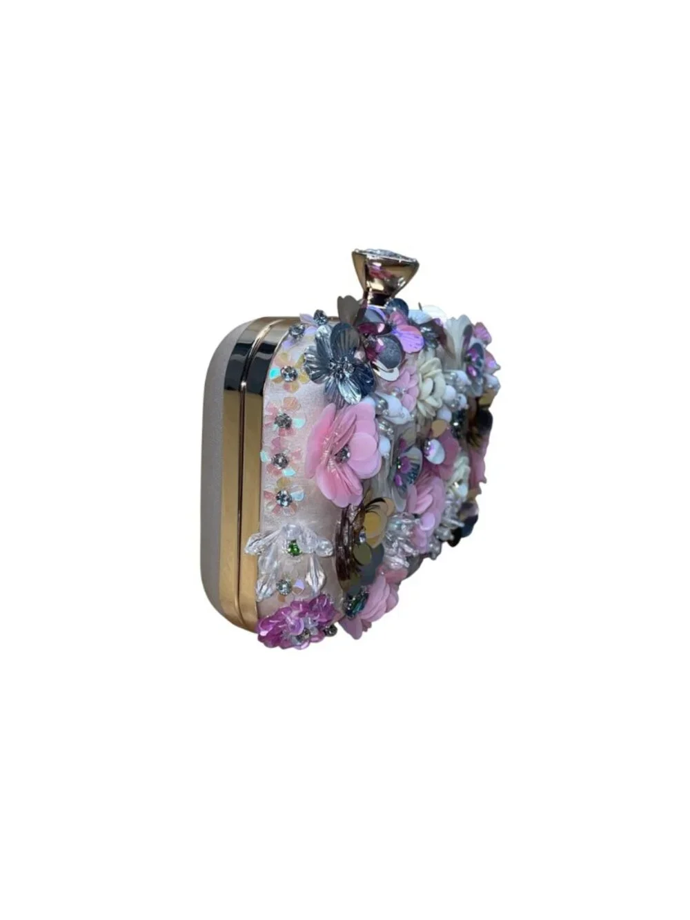 Women’s Pink Floral Embellishment With Chain Strap & Handle Clutch Purse